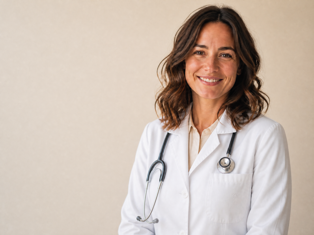 Woman wearing a white lab coat and stethoscope