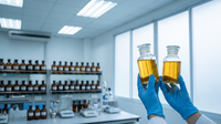 Gloved hands holding botanical oil bottles in a lab