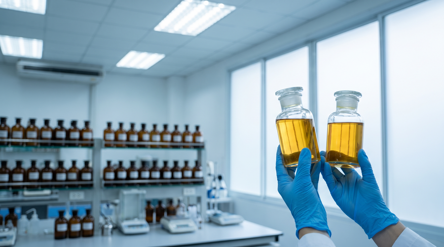 Gloved hands holding botanical oil bottles in a lab