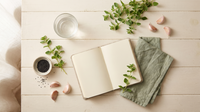 Apothecary workspace flat lay with oregano, black seed and garlic
