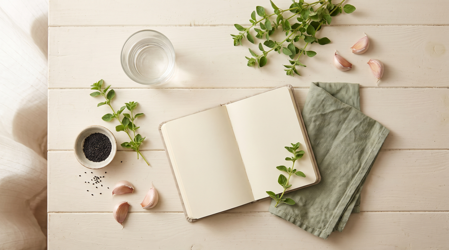 Apothecary workspace flat lay with oregano, black seed and garlic