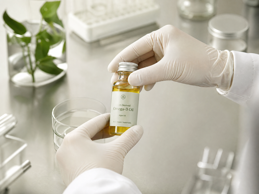 Gloved hand holding a vial of golden botanical oil in a testing lab