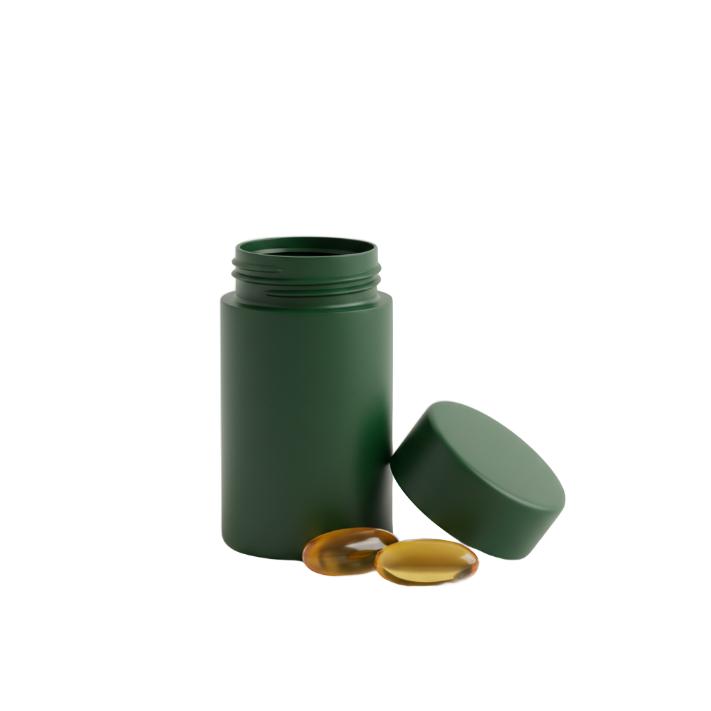 Green travel pill case with softgels, cutout