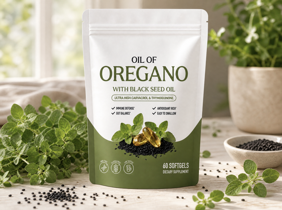 Oil of Oregano pouch among fresh oregano sprigs and black seeds