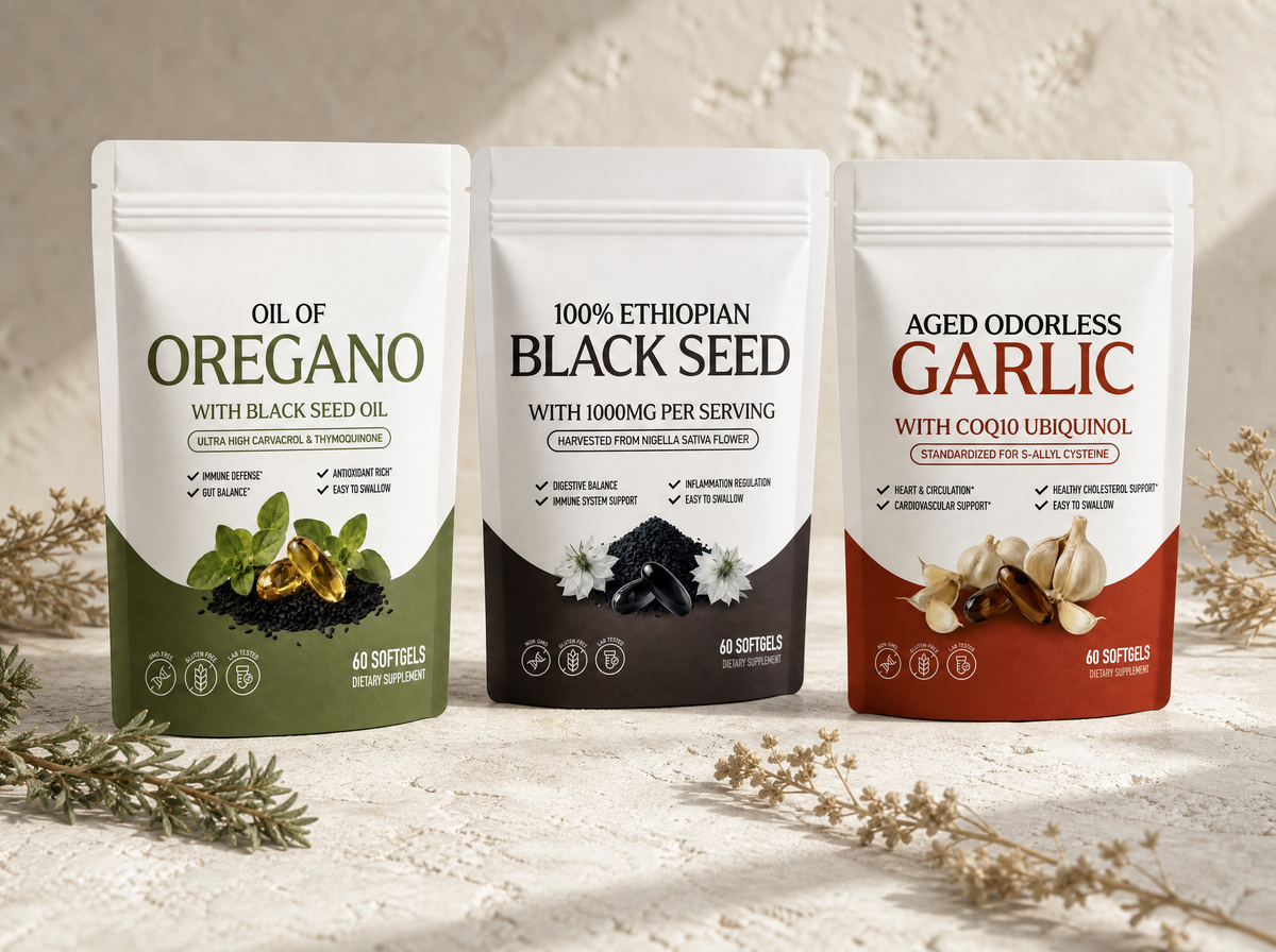 The three Botanical pouches arranged on a plaster surface with dried herbs