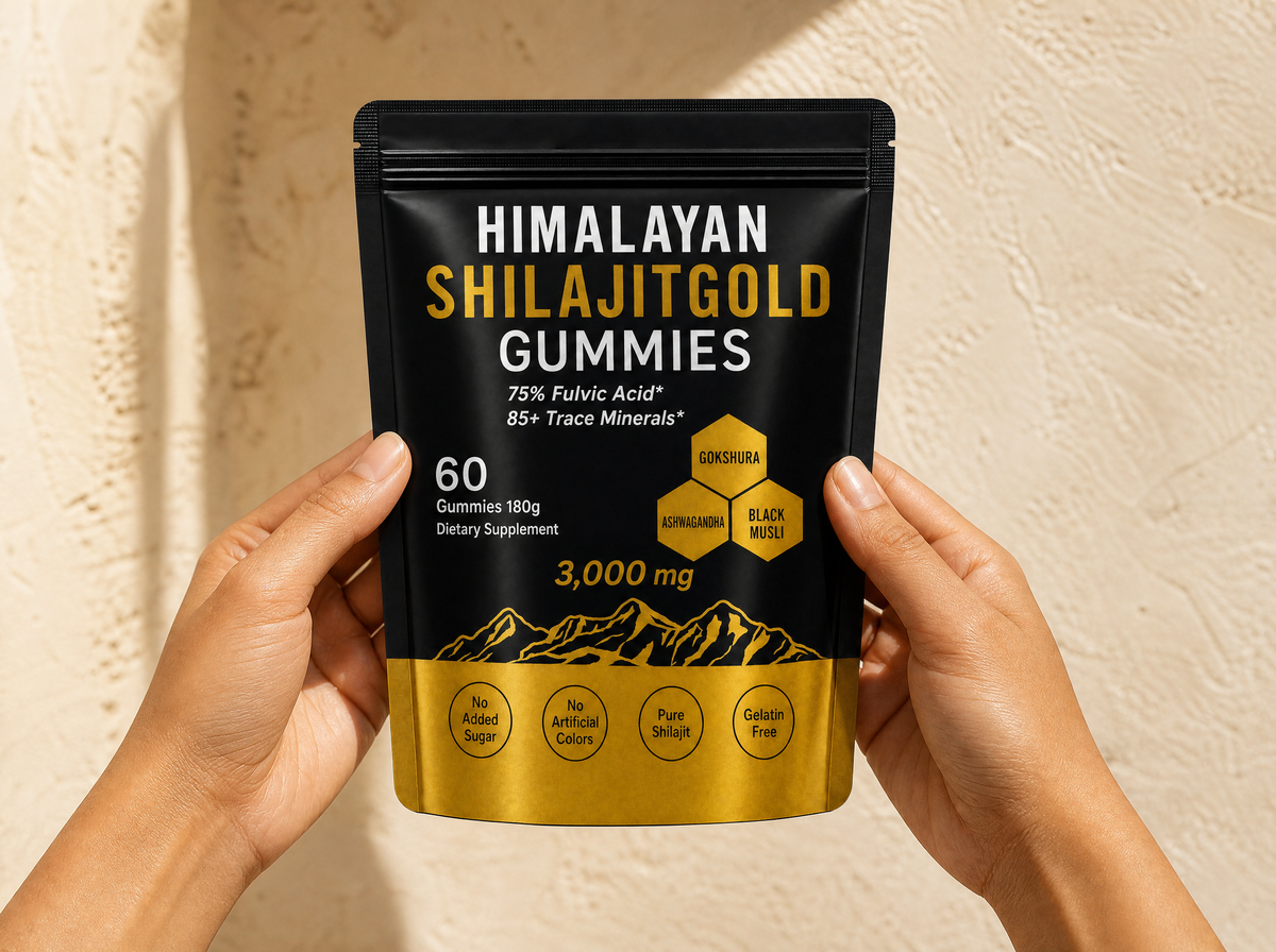 Hands holding the Himalayan Shilajit Gold Gummies pouch