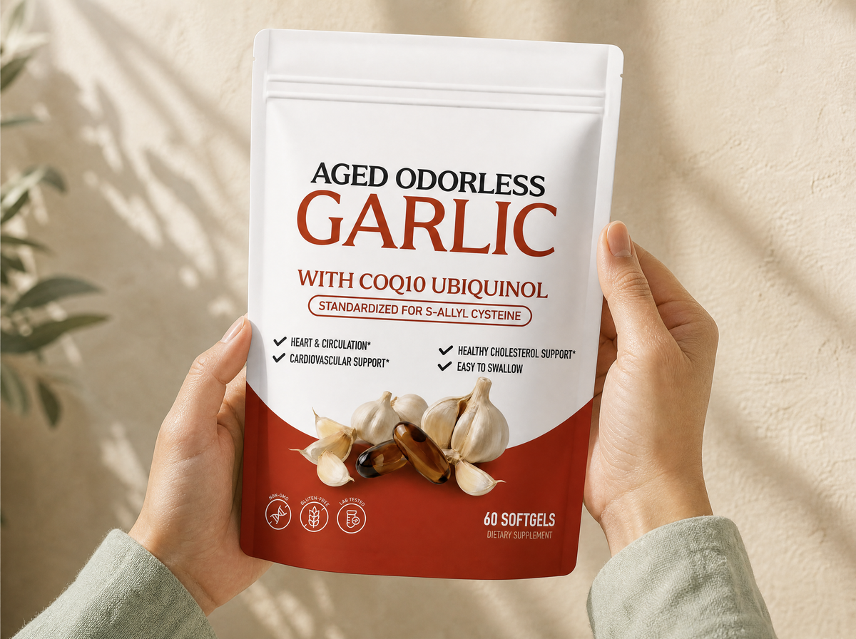 Hands holding the Aged Odorless Garlic pouch