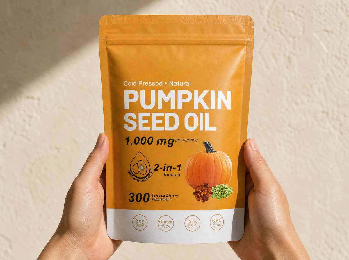 Hands holding the Pumpkin Seed Oil pouch