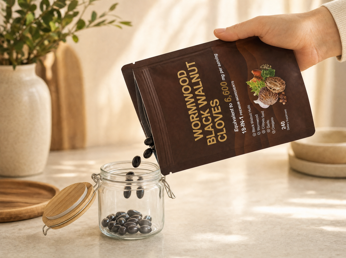Wormwood Black Walnut Cloves softgels poured from the opened pouch into a glass jar