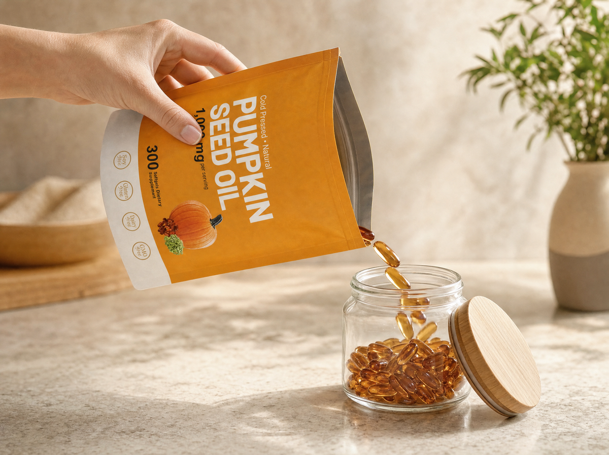 Pumpkin Seed Oil softgels poured from the opened pouch into a glass jar