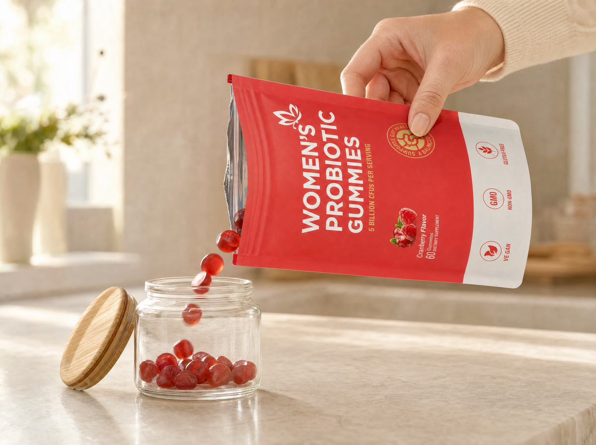 Women's Probiotic gummies poured from the opened pouch into a glass jar
