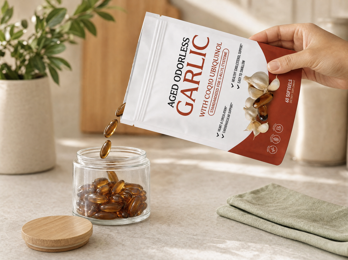 Aged Odorless Garlic softgels poured from the opened pouch into a glass jar