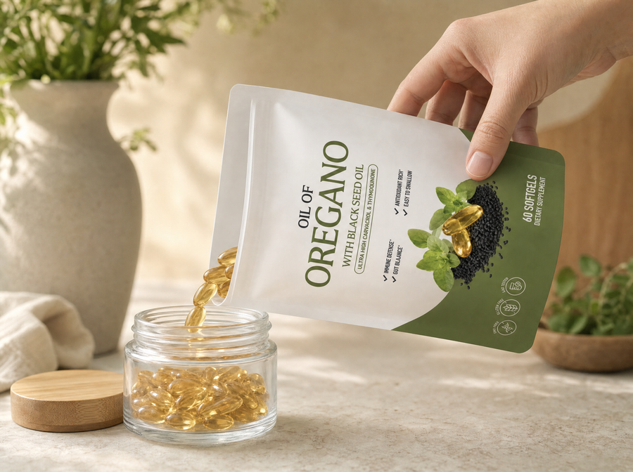 Oil of Oregano softgels poured from the opened pouch into a glass jar