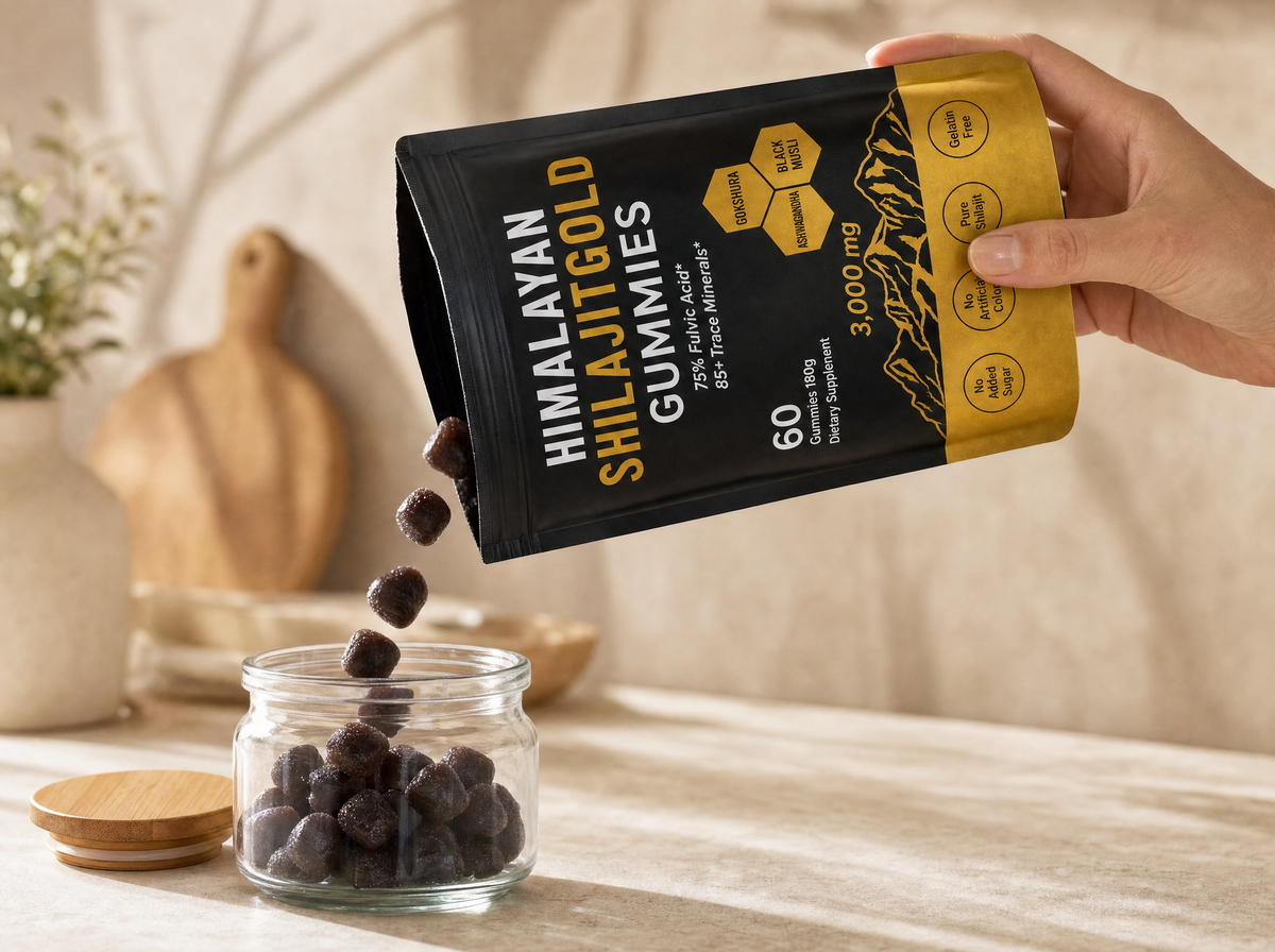 Himalayan Shilajit gummies poured from the opened pouch into a glass jar
