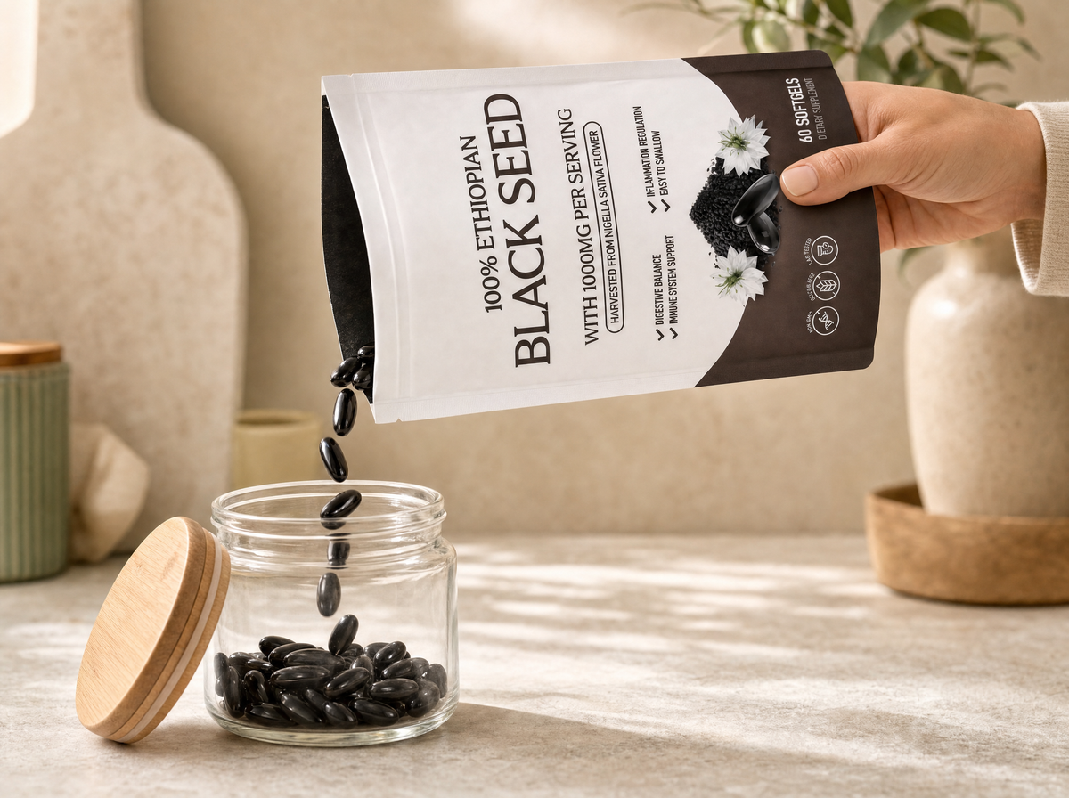 Ethiopian Black Seed softgels poured from the opened pouch into a glass jar