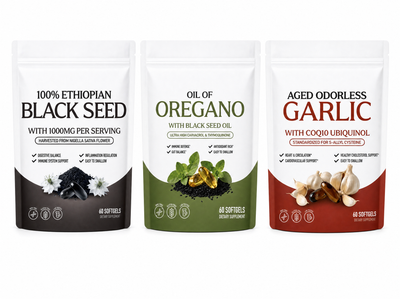 Black Seed, Oil of Oregano and Aged Garlic pouches side by side