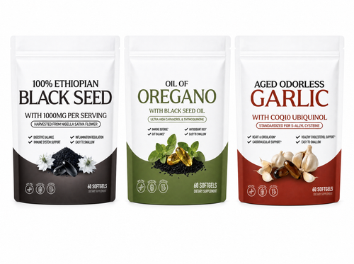 Black Seed, Oil of Oregano and Aged Garlic pouches side by side