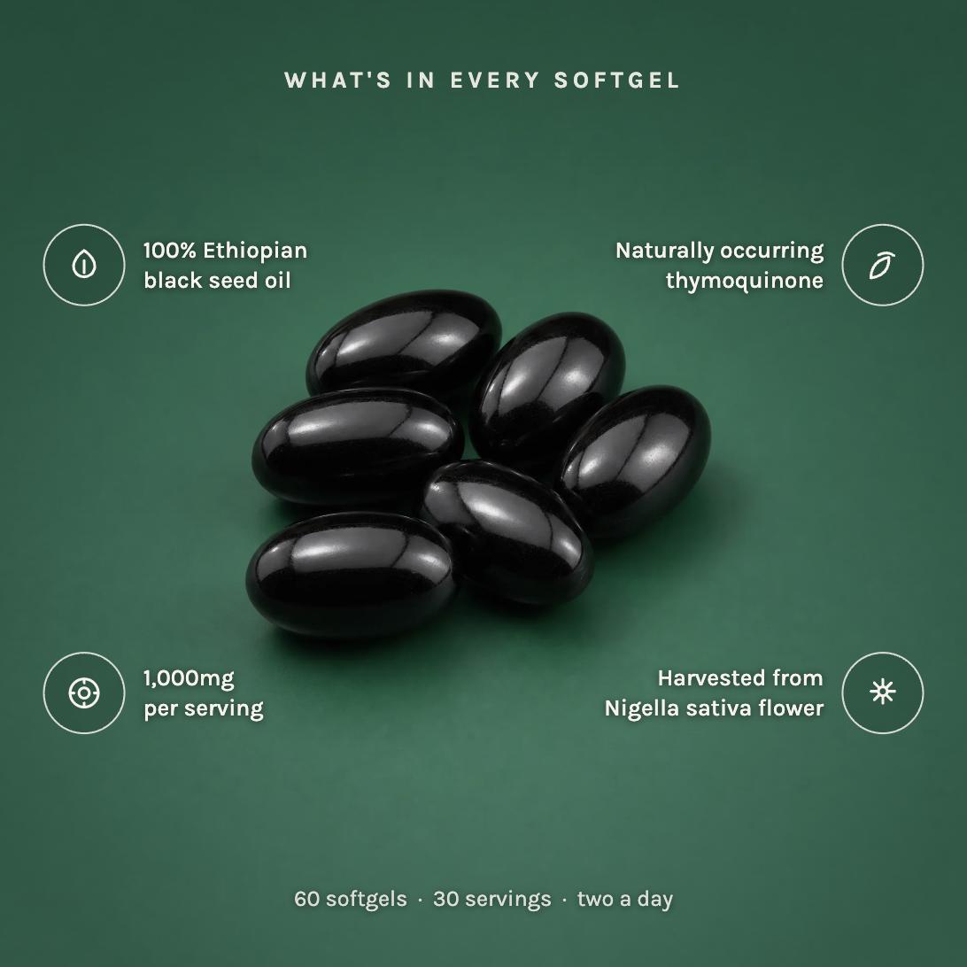What's in every softgel: 100% Ethiopian black seed oil, naturally occurring thymoquinone, 1,000mg per serving, harvested from Nigella sativa flower