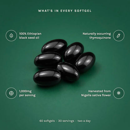 What's in every softgel: 100% Ethiopian black seed oil, naturally occurring thymoquinone, 1,000mg per serving, harvested from Nigella sativa flower
