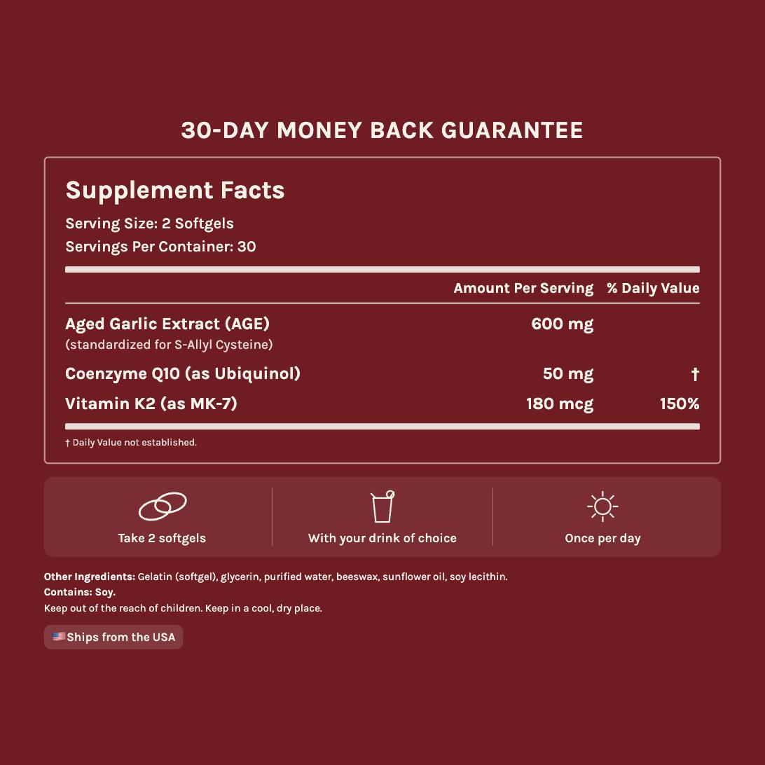 Supplement facts: 2 softgels per serving, 30 servings, 600mg aged garlic extract, 50mg CoQ10 ubiquinol, 180mcg vitamin K2 MK-7. Contains soy