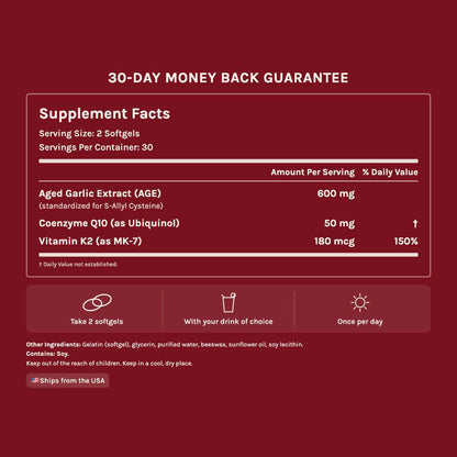 Supplement facts: 2 softgels per serving, 30 servings, 600mg aged garlic extract, 50mg CoQ10 ubiquinol, 180mcg vitamin K2 MK-7. Contains soy