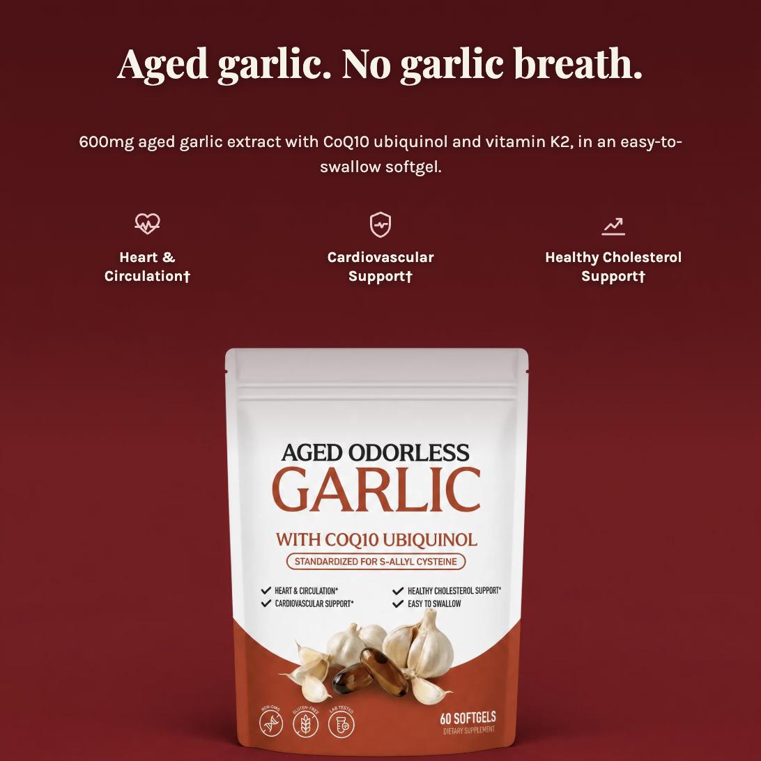 Aged garlic, no garlic breath - 600mg aged garlic extract with CoQ10 ubiquinol and vitamin K2 for heart and circulation, cardiovascular and healthy cholesterol support