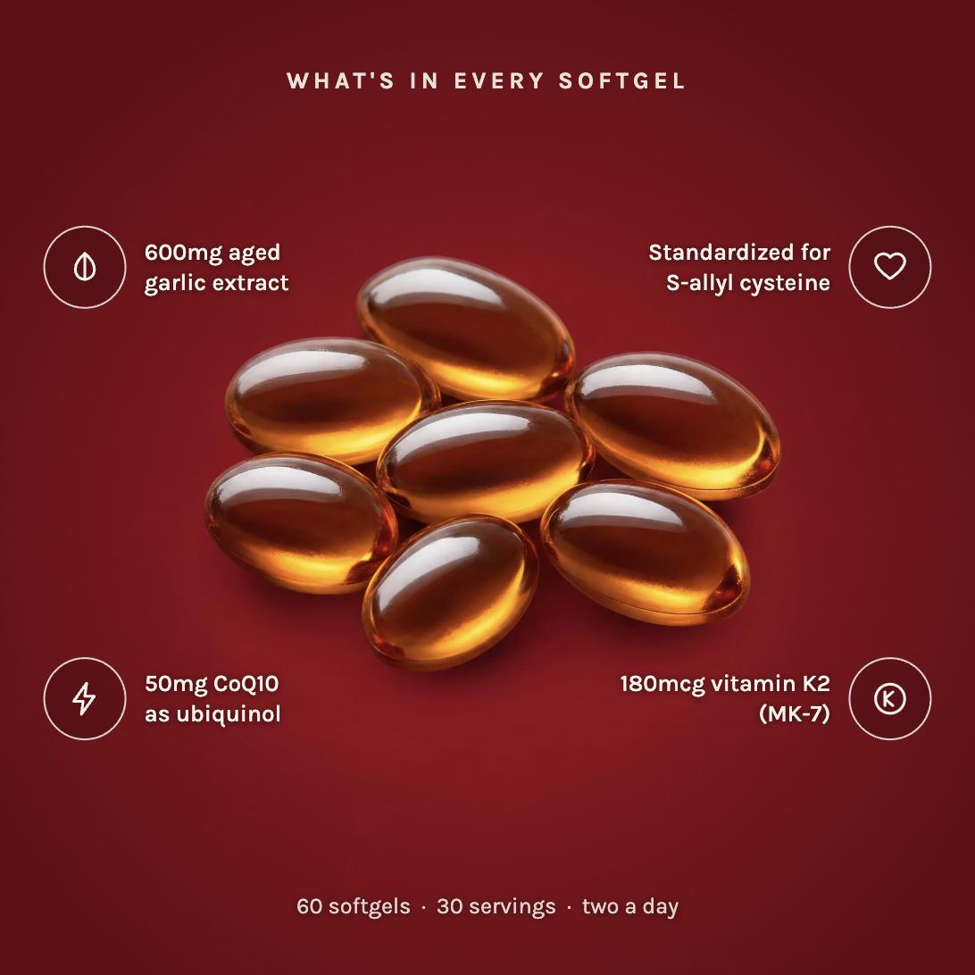 What's in every softgel: 600mg aged garlic extract standardized for S-allyl cysteine, 50mg CoQ10 as ubiquinol, 180mcg vitamin K2 MK-7