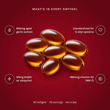 What's in every softgel: 600mg aged garlic extract standardized for S-allyl cysteine, 50mg CoQ10 as ubiquinol, 180mcg vitamin K2 MK-7