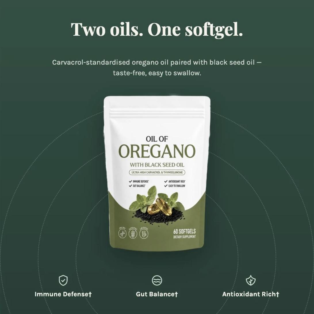 Two oils, one softgel — carvacrol-standardised oregano oil paired with black seed oil
