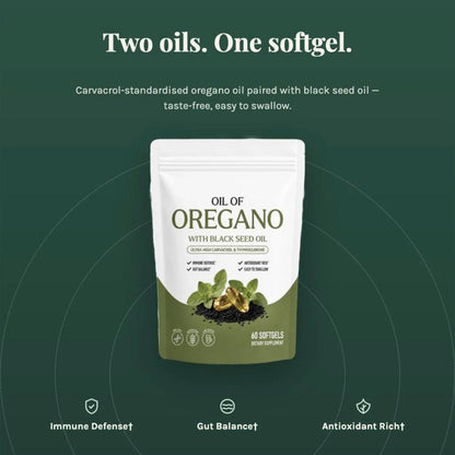 Two oils, one softgel — carvacrol-standardised oregano oil paired with black seed oil