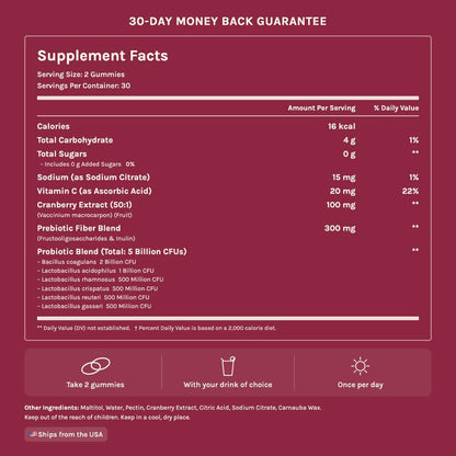 Supplement facts: 2 gummies per serving, 30 servings, vitamin C, cranberry extract, prebiotic fiber blend and a six-strain 5 billion CFU probiotic blend