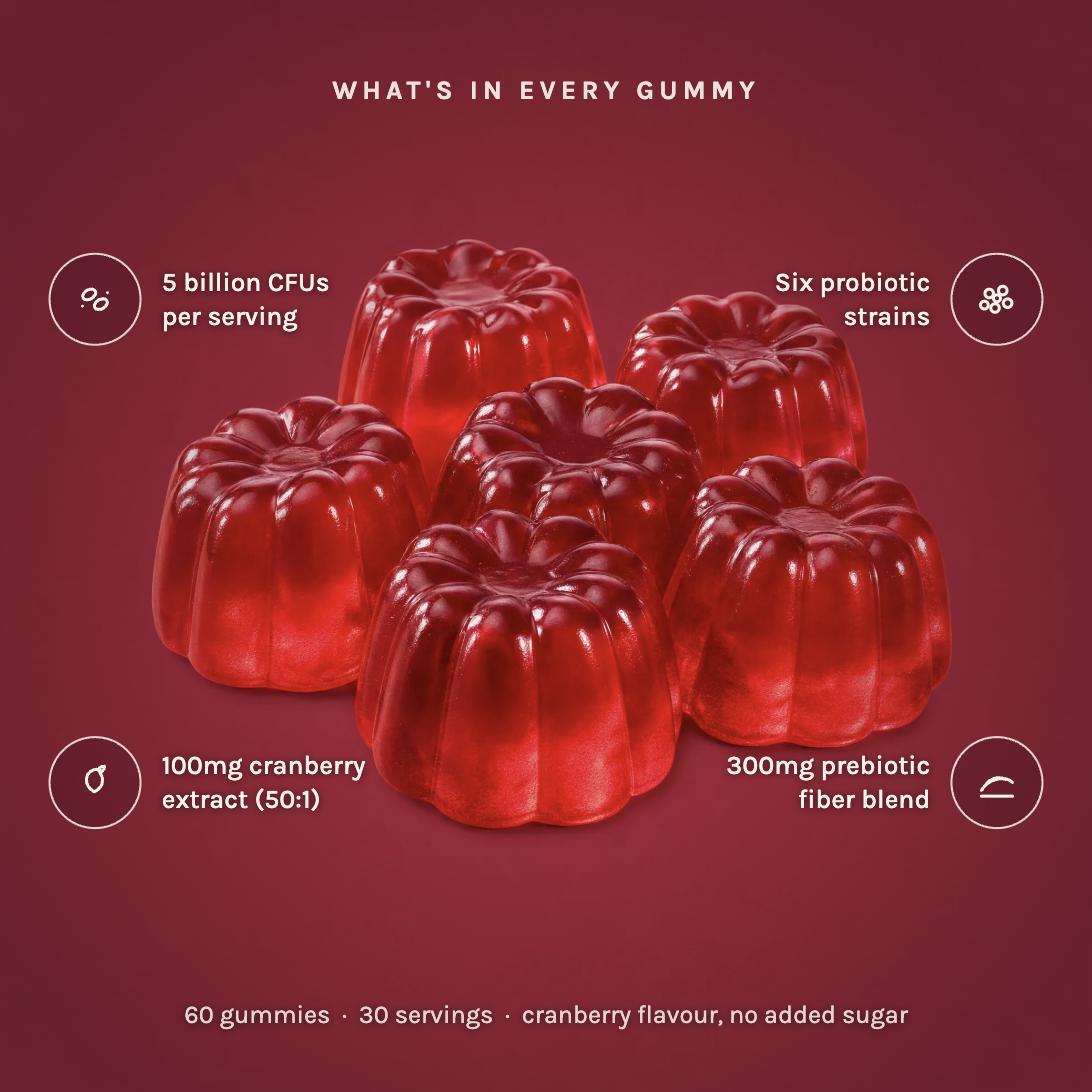 What's in every gummy: 5 billion CFUs per serving, six probiotic strains, 100mg cranberry extract 50:1, 300mg prebiotic fiber blend