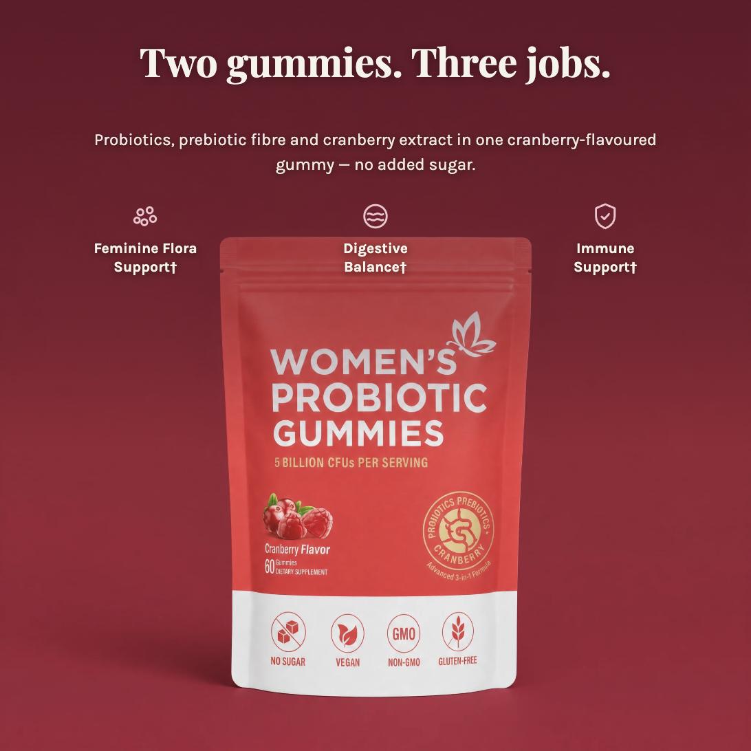 Two gummies, three jobs - probiotics, prebiotic fibre and cranberry extract for feminine flora, digestive balance and immune support