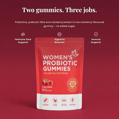 Two gummies, three jobs - probiotics, prebiotic fibre and cranberry extract for feminine flora, digestive balance and immune support