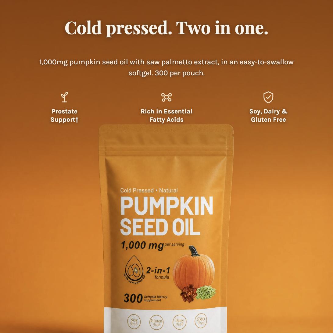 Cold pressed, two in one - 1,000mg pumpkin seed oil with saw palmetto extract, 300 softgels per pouch