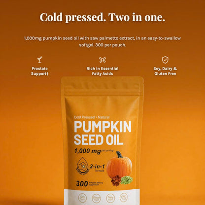Cold pressed, two in one - 1,000mg pumpkin seed oil with saw palmetto extract, 300 softgels per pouch