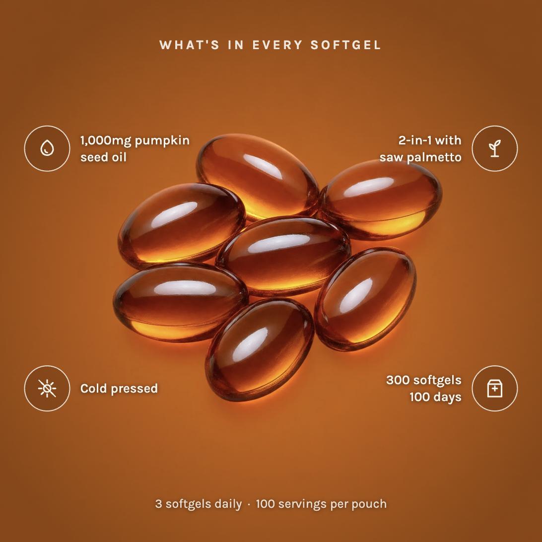 What's in every softgel: 1,000mg pumpkin seed oil, 2-in-1 with saw palmetto, cold pressed, 300 softgels for 100 days