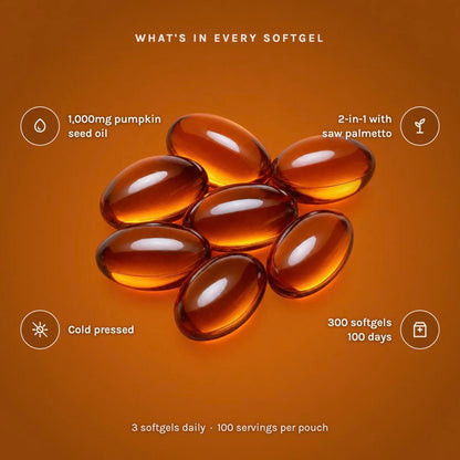 What's in every softgel: 1,000mg pumpkin seed oil, 2-in-1 with saw palmetto, cold pressed, 300 softgels for 100 days