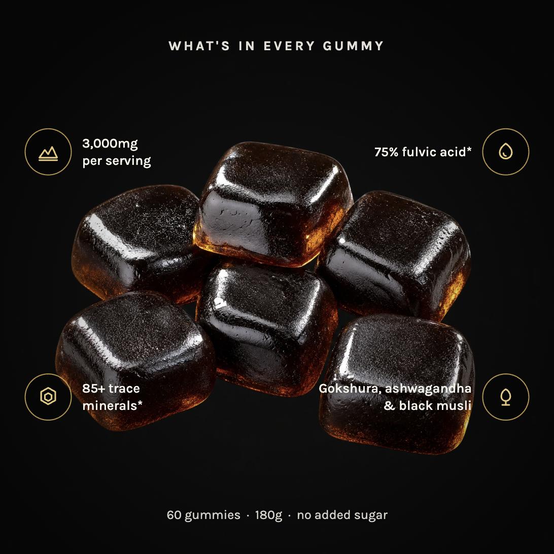 What's in every gummy: 3,000mg per serving, 75% fulvic acid, 85+ trace minerals, gokshura, ashwagandha and black musli