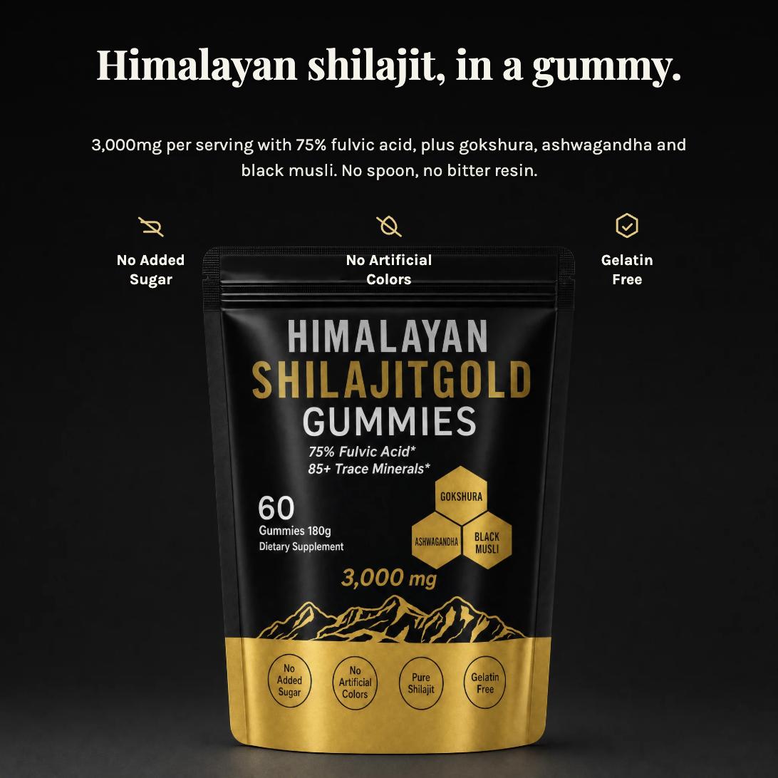 Himalayan shilajit in a gummy - 3,000mg per serving with 75% fulvic acid, gokshura, ashwagandha and black musli. No added sugar, no artificial colors, gelatin free