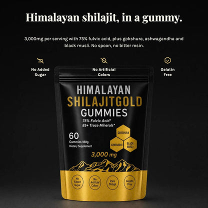 Himalayan shilajit in a gummy - 3,000mg per serving with 75% fulvic acid, gokshura, ashwagandha and black musli. No added sugar, no artificial colors, gelatin free