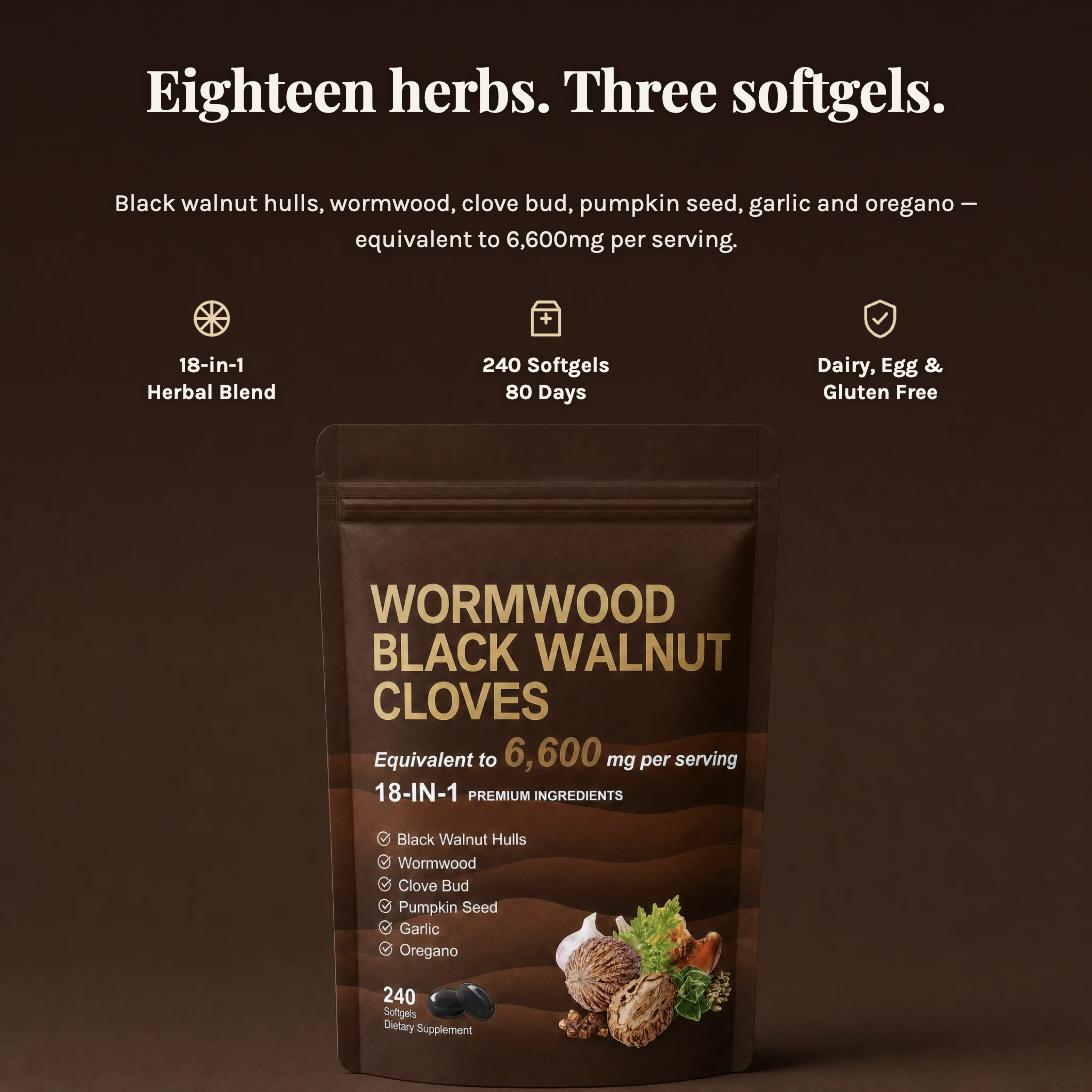 Eighteen herbs, three softgels - black walnut hulls, wormwood, clove bud, pumpkin seed, garlic and oregano, equivalent to 6,600mg per serving
