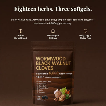 Eighteen herbs, three softgels - black walnut hulls, wormwood, clove bud, pumpkin seed, garlic and oregano, equivalent to 6,600mg per serving