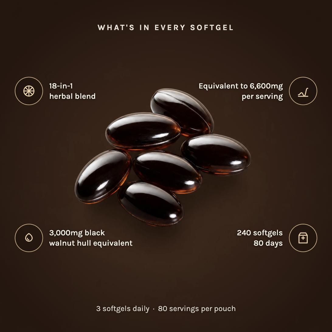 What's in every softgel: 18-in-1 herbal blend, equivalent to 6,600mg per serving, 3,000mg black walnut hull equivalent, 240 softgels for 80 days