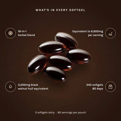 What's in every softgel: 18-in-1 herbal blend, equivalent to 6,600mg per serving, 3,000mg black walnut hull equivalent, 240 softgels for 80 days
